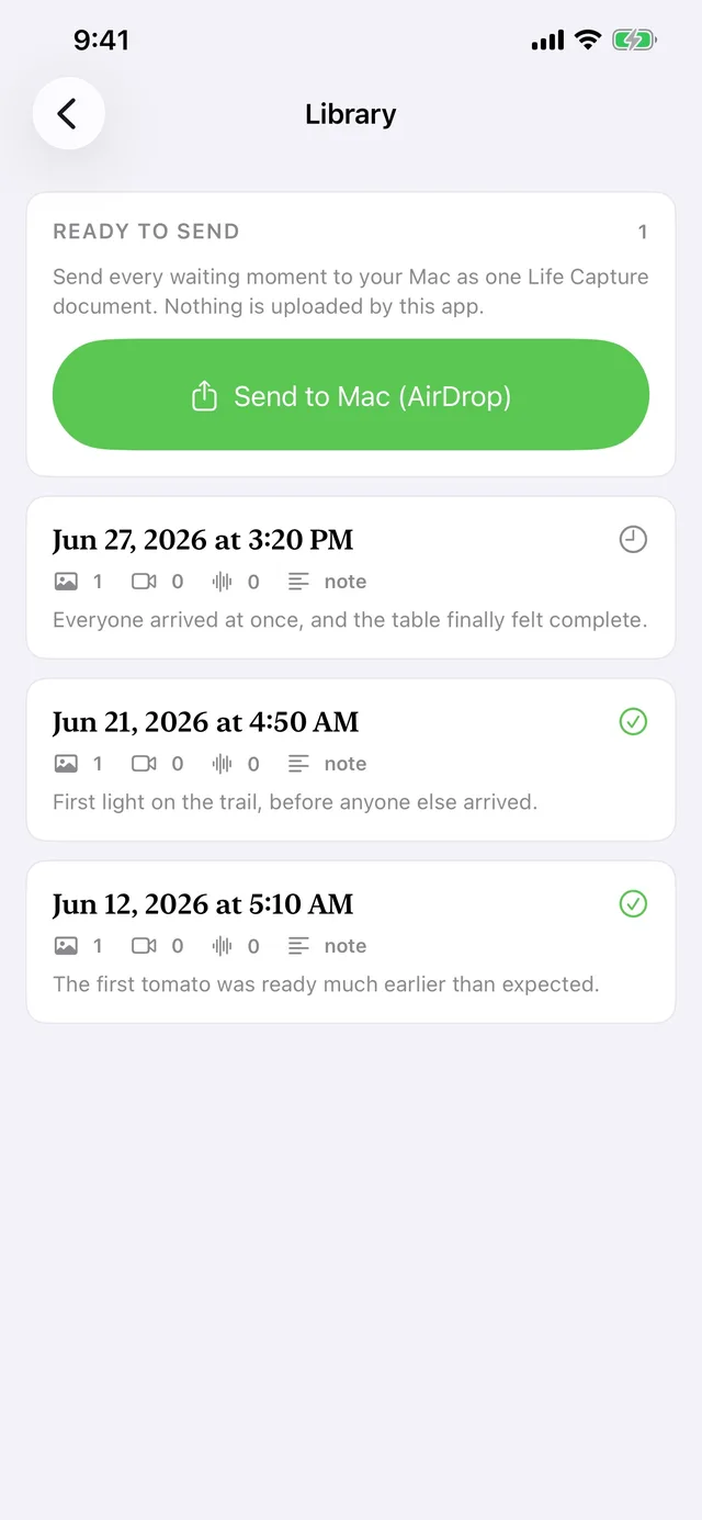 Life Capture Pocket's library showing captured Moments ready to send to a Mac